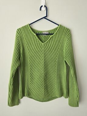 Vintage 90s Green Knit Ribbed Cotton Sweater